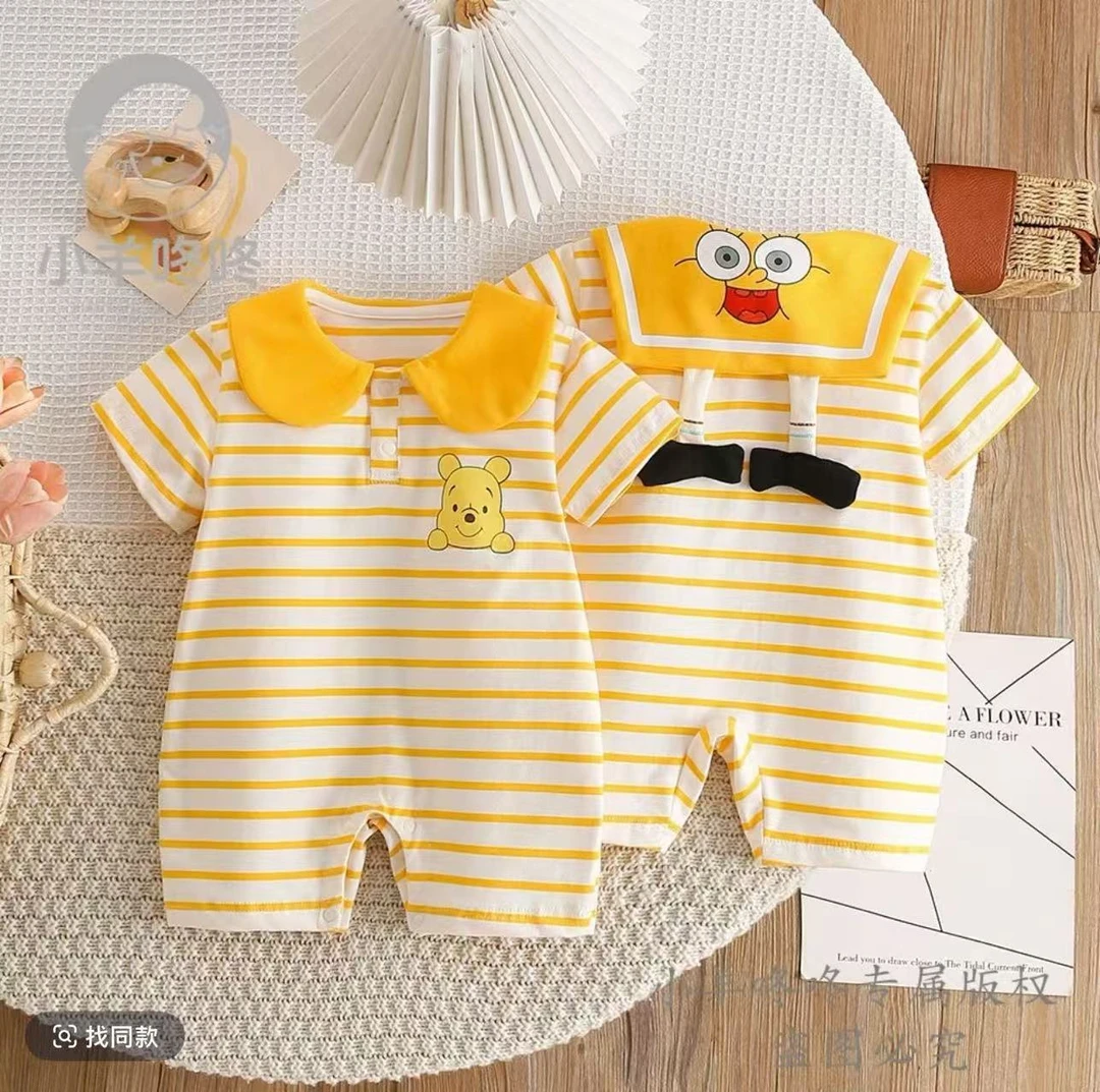 夏季新款海绵宝宝和维尼先生连体哈衣婴幼儿连体条纹童装