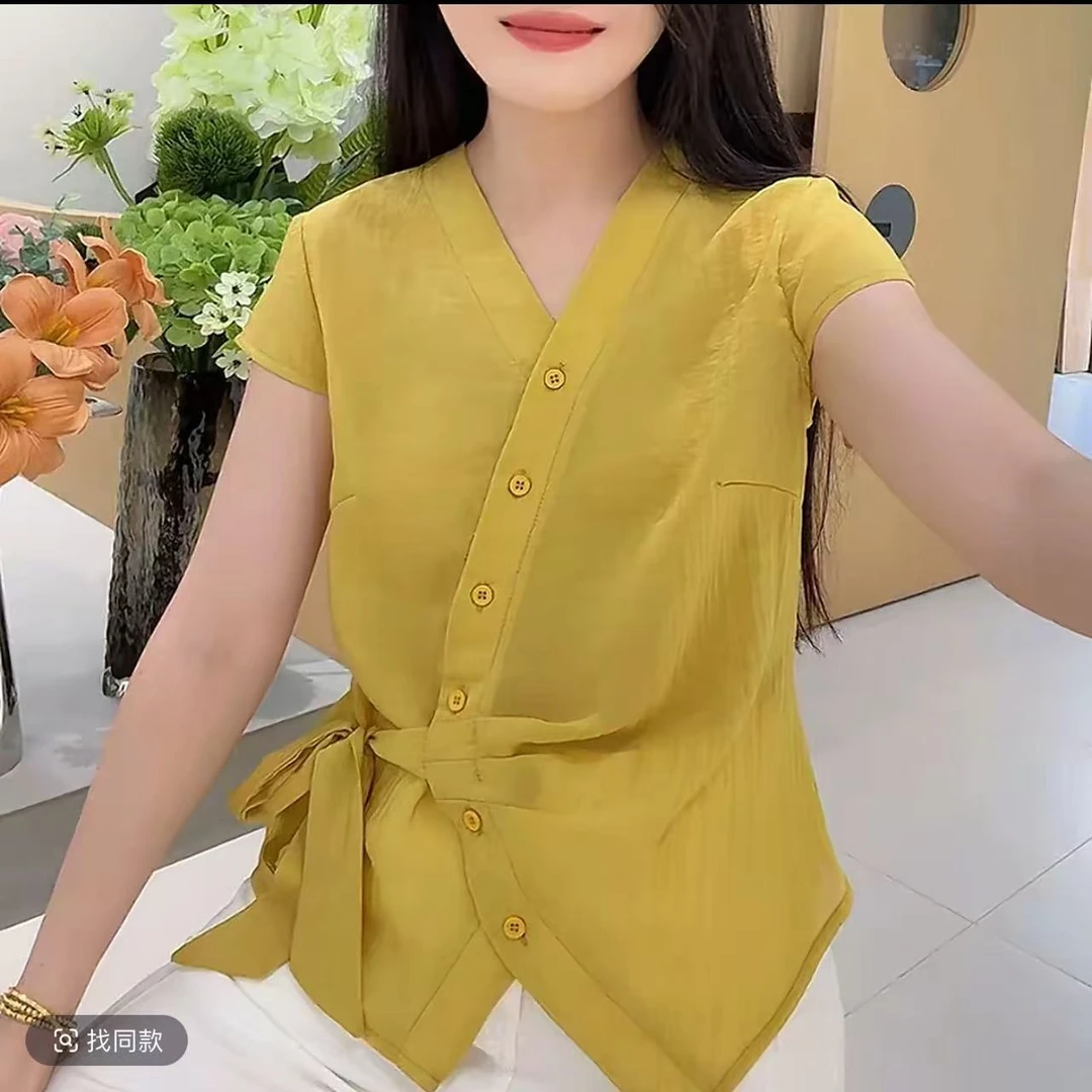 夏季新款时尚洋气V领短袖衬衫设计感显瘦减龄左边绑带百搭上衣女