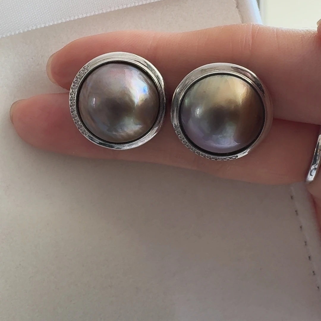 -***i银S925镶嵌拼合珍珠（马贝珠）耳饰焦糖紫马贝耳饰