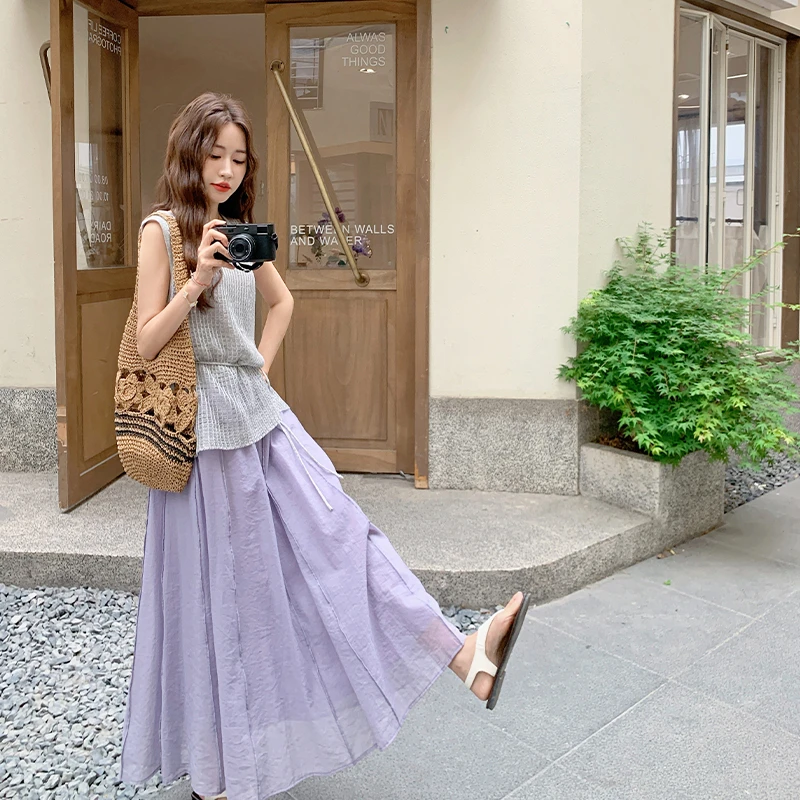氛围感镂空罩衫紫色半身裙套装三件套女夏季法式叠穿浪漫气质绝美