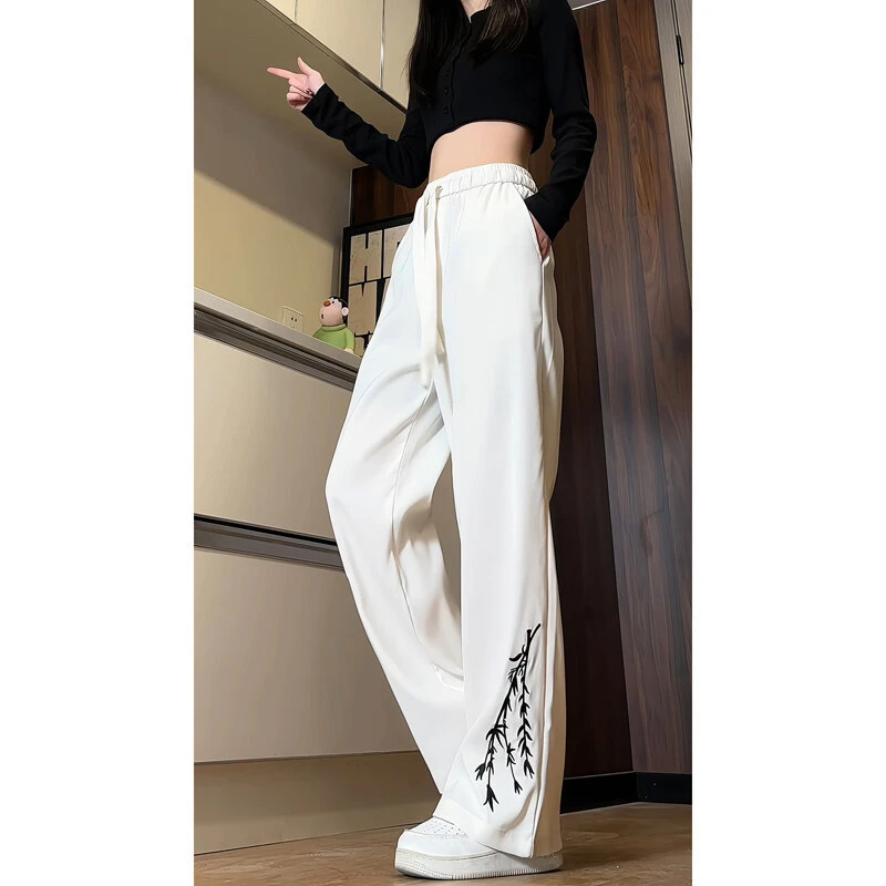 PLQV新款休闲百搭冰丝国风刺绣长裤大码运动高街宽松显瘦情侣直筒