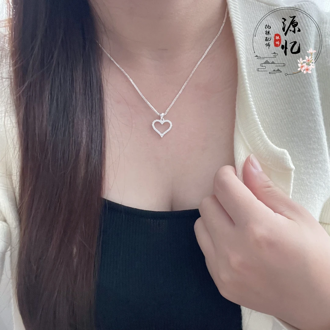 坠链均足银合成锆石 足银990满砖爱心动的心吊坠轻奢气质小众坠链