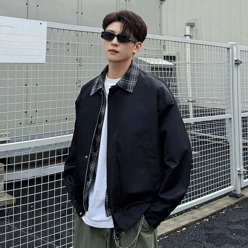 2025春季男士休闲痞帅工装假两件翻领夹克潮流宽松港风外套5002