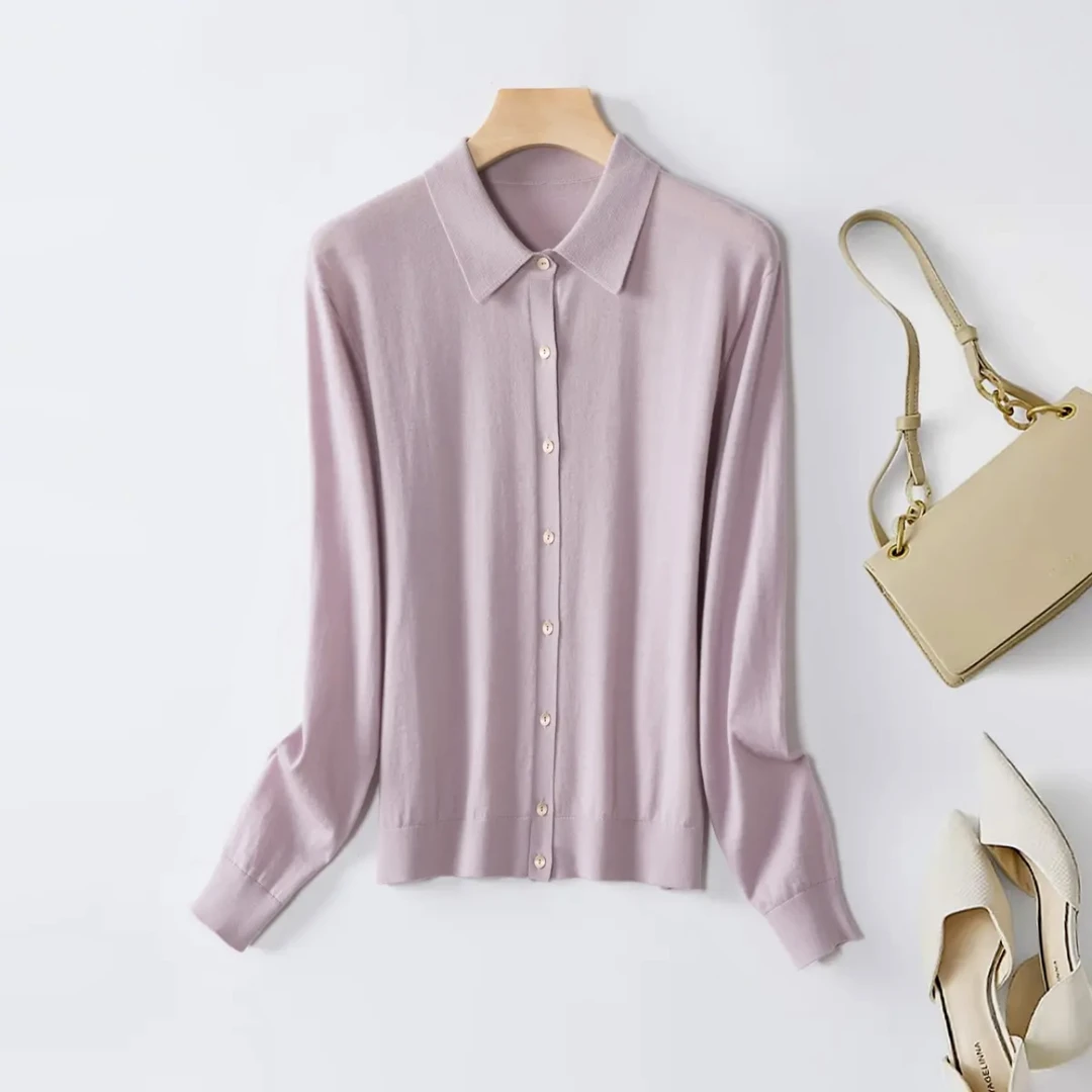 100精纺绵羊毛~数兰朵秋季女士翻领衬衫纯色针织全羊毛衬衣女