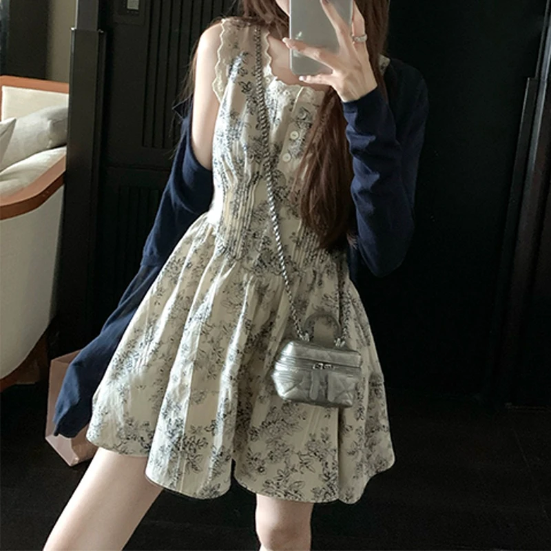 【mimius】肉肉 清冷优雅镂空花边印花连衣裙+开衫 G08033