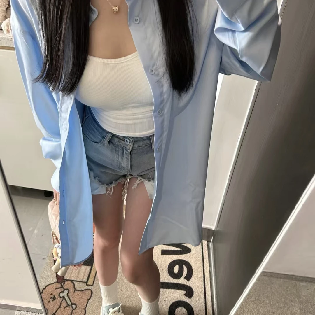 新款夏季百搭薄荷色防晒上衣女长袖宽松小个子衬衣外穿衣服