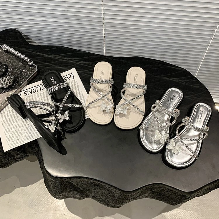 法式水钻仙女拖鞋女夏外穿平底2025新款夹脚趾绝美配裙子沙滩1622