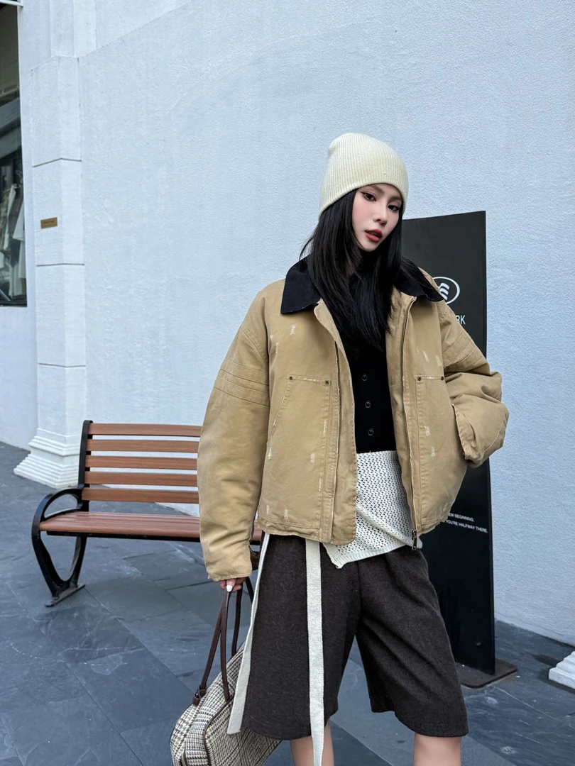 2025新款新国标90白鸭绒美式宽松大码派克服羽绒时尚水洗牛仔外套