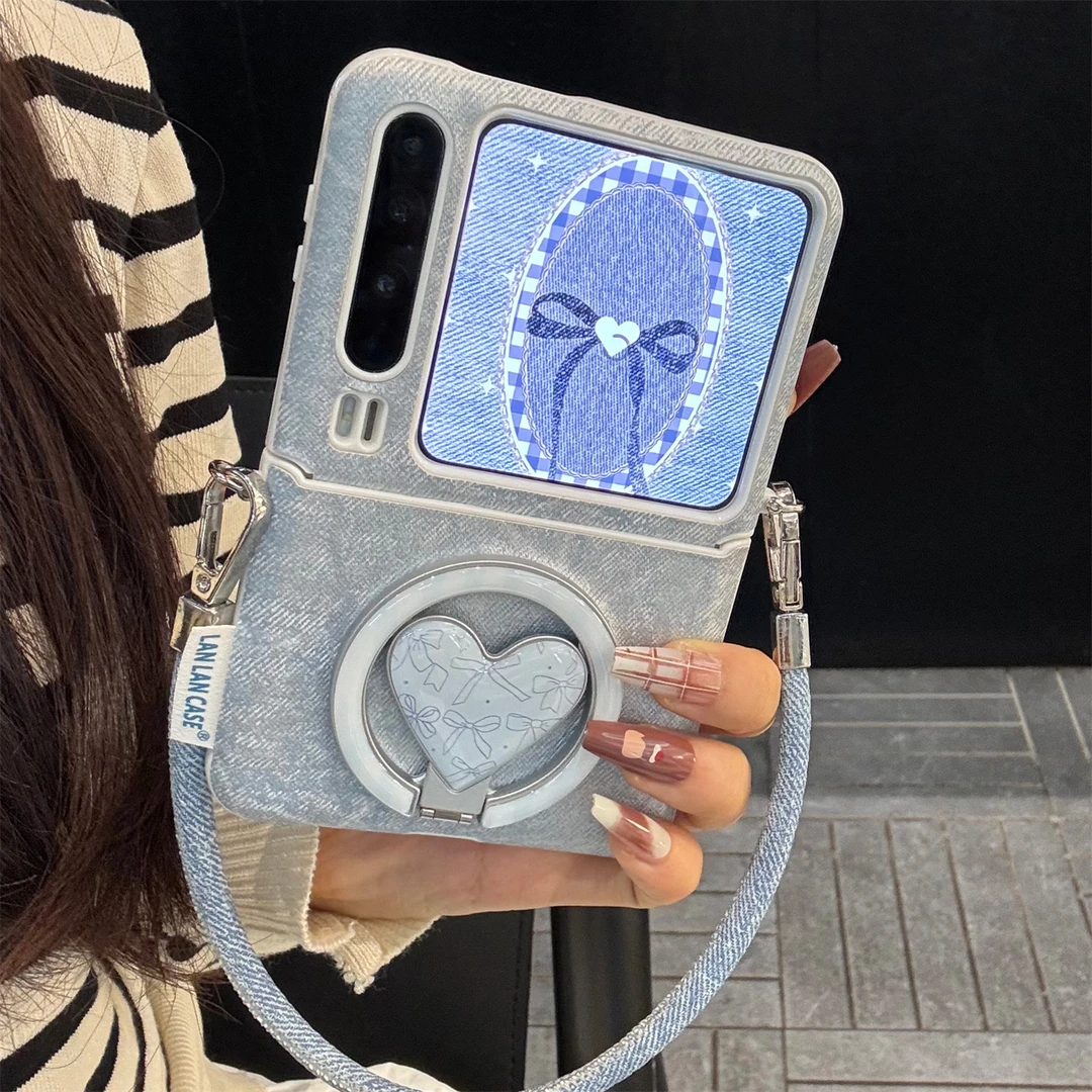 适用华为purax折叠屏手机壳蓝色牛仔纹pocket2爱心蝴蝶结磁吸支架