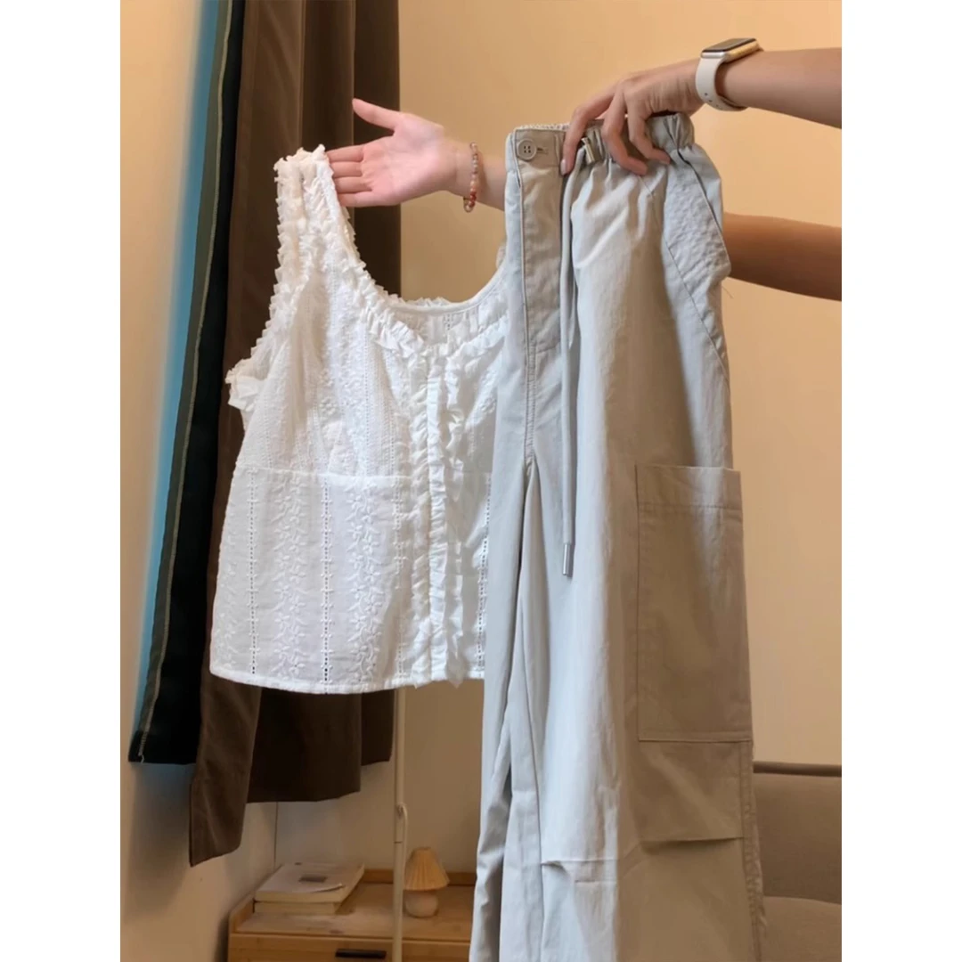 减龄一整套穿搭夏日漂亮小套装蕾丝花边背心抽绳阔腿工装裤两件套