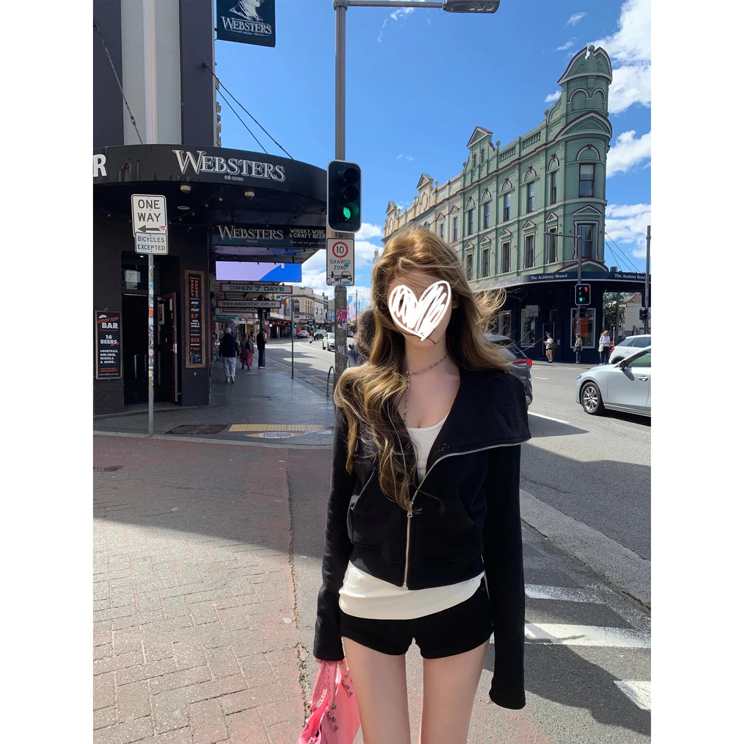 两色大翻领卫衣外套女秋季新款拉链长袖韩系短外套上衣女