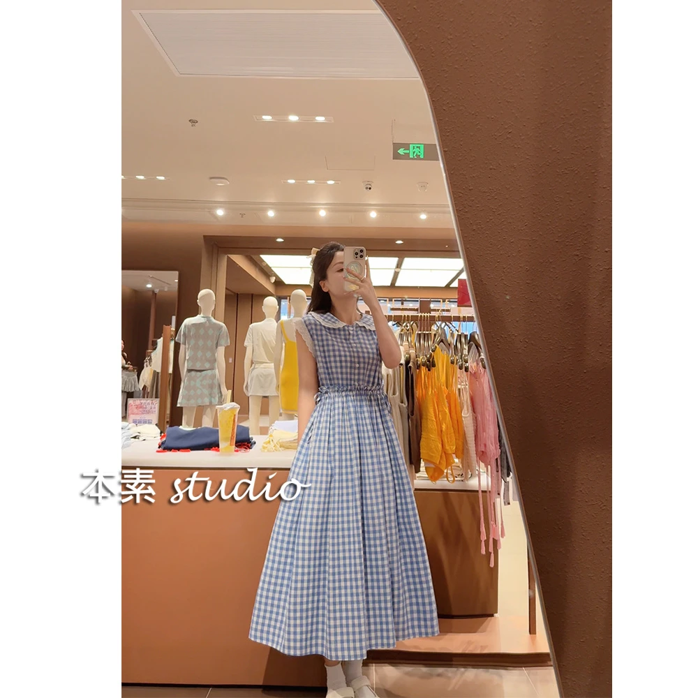 快乐假期Y2906格纹蕾丝边腰侧抽绳半开扣娃娃领背心裙