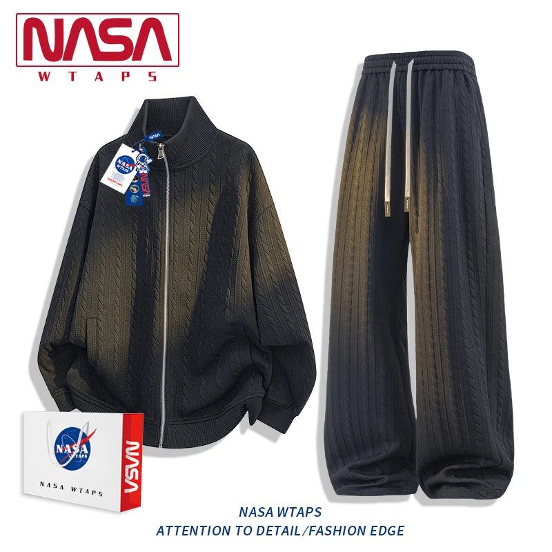 NASA WTAPS开衫提花纯色夹克男士秋季新款直筒裤宽松休闲两件套装