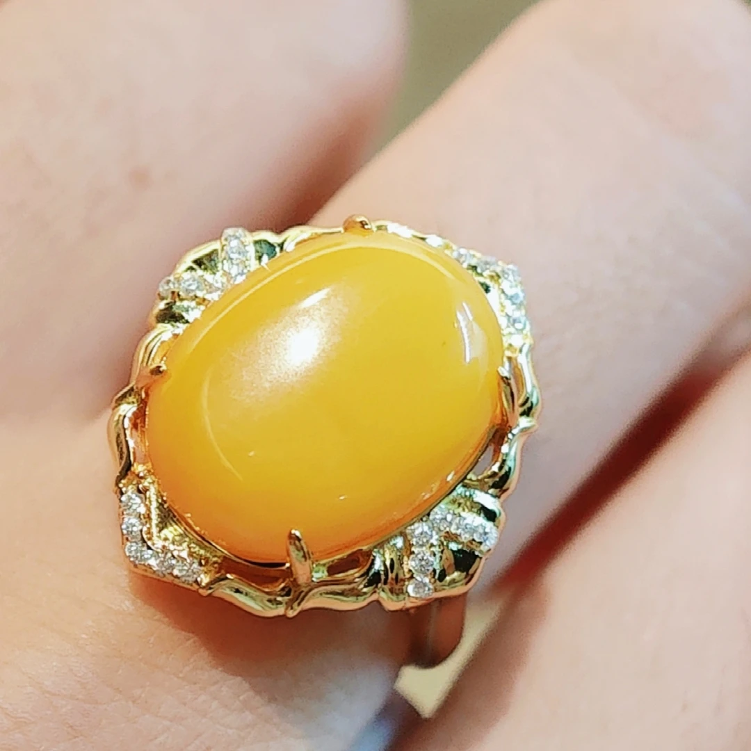 s925银镀金蜜蜡四爪金焰戒指