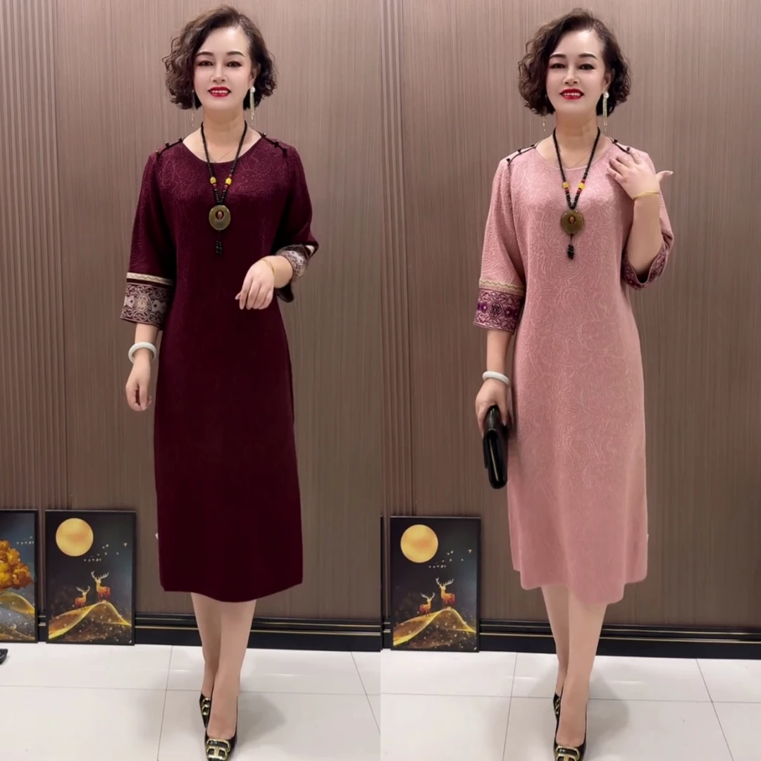 50125新中式秋季冰麻针织连衣裙女装遮肉显瘦中长裙七分袖妈妈装