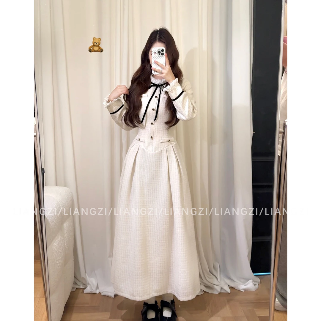 梁子【中古少女长款】早秋千金小香风连衣裙蕾丝花边拼接长裙