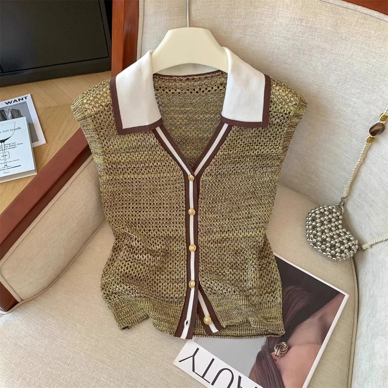 老钱风设计感Polo领撞色针织开衫马甲背心夏季叠加修身显瘦上衣