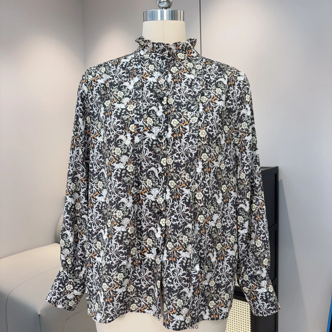 【桑蚕丝衬衫】小松鼠可云绉花边领系带衬衫可云绉真丝印花上衣