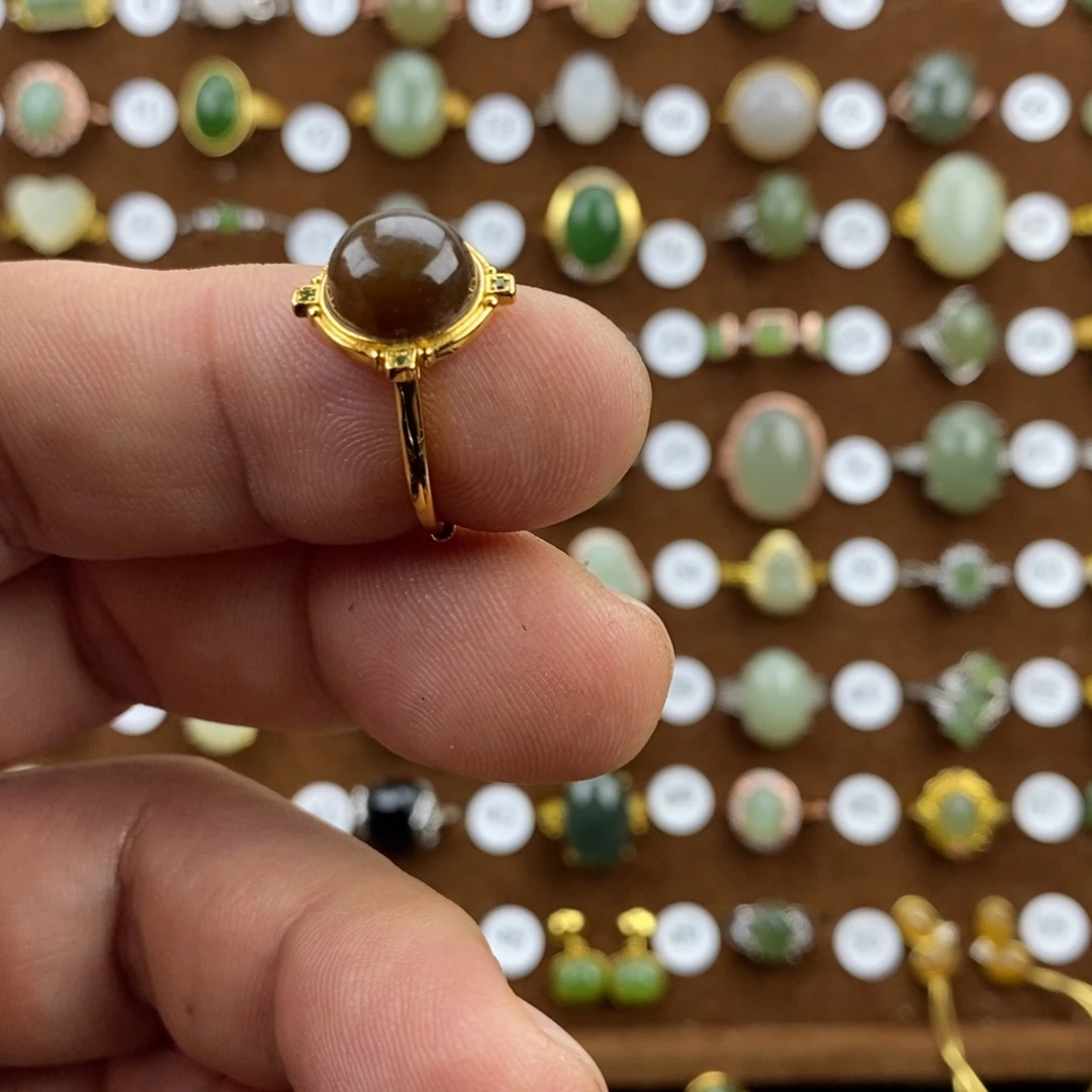 和田玉（糖玉）银S925镀金镶嵌戒指