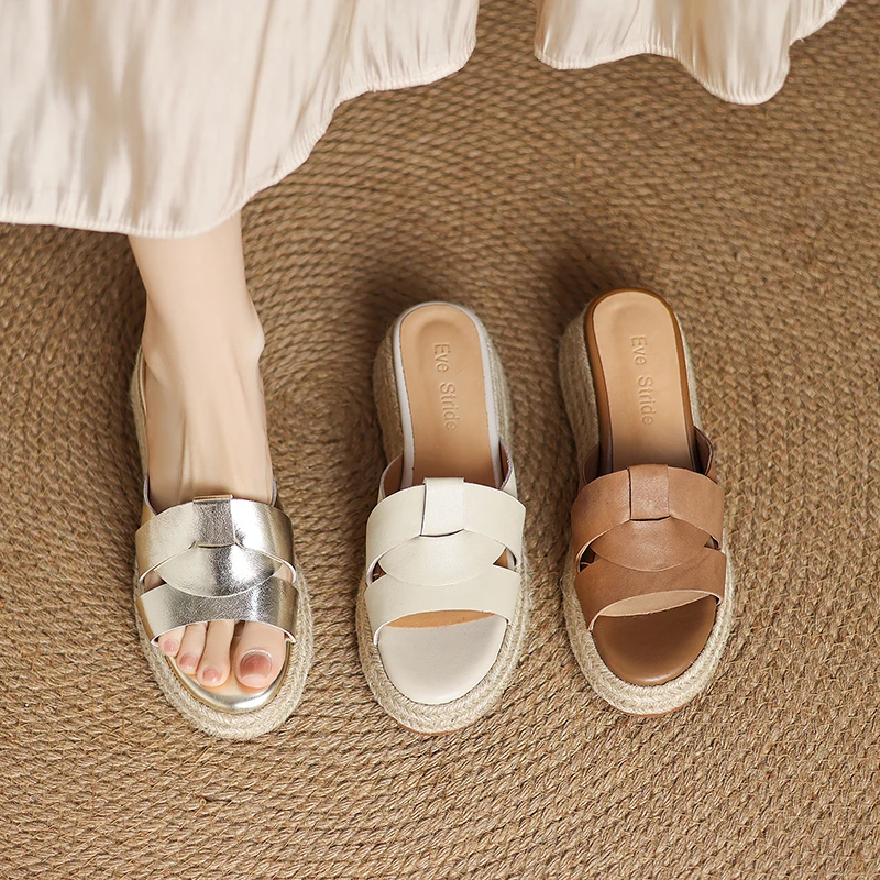 菓苒5cm厚底小个子文艺复古草编凉拖鞋女夏外穿舒适中跟真皮凉鞋