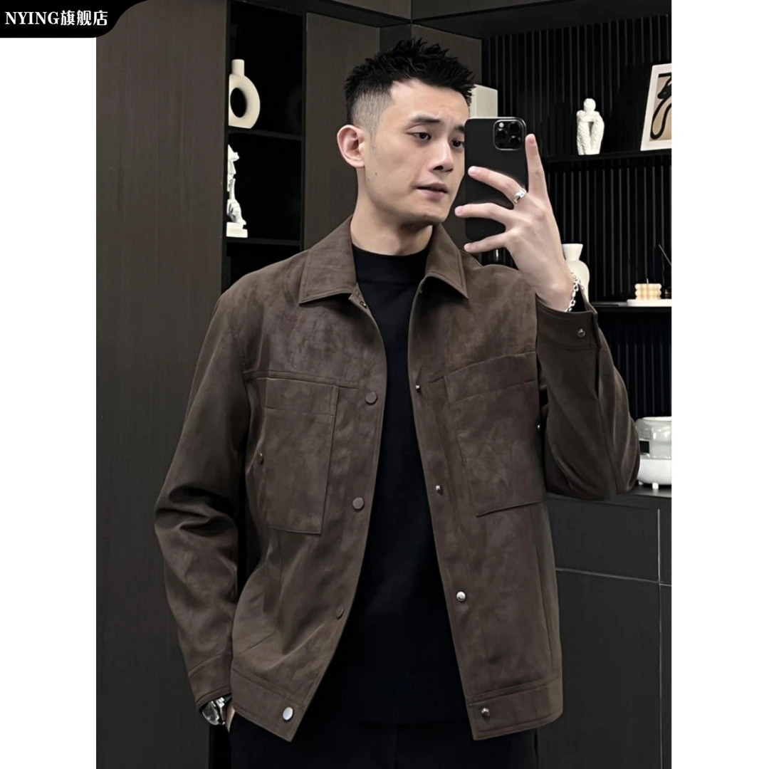 NYING秋冬加厚软皮夹克男翻领复古软糯时尚修身轻熟皮衣外套秋装