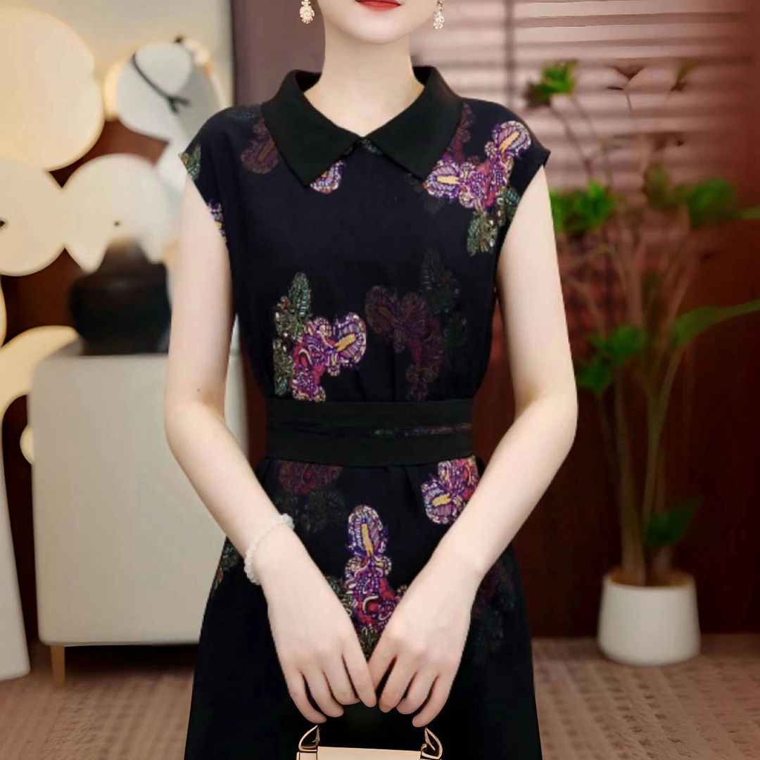 [送腰封25款专柜夏季新品墨低碟影收腰贵妇连衣裙E-1034