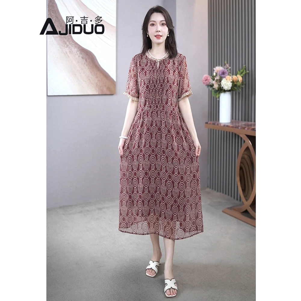夏季新款气质复古印花短袖连衣裙女塔克褶时尚洋气妈妈减龄长裙子
