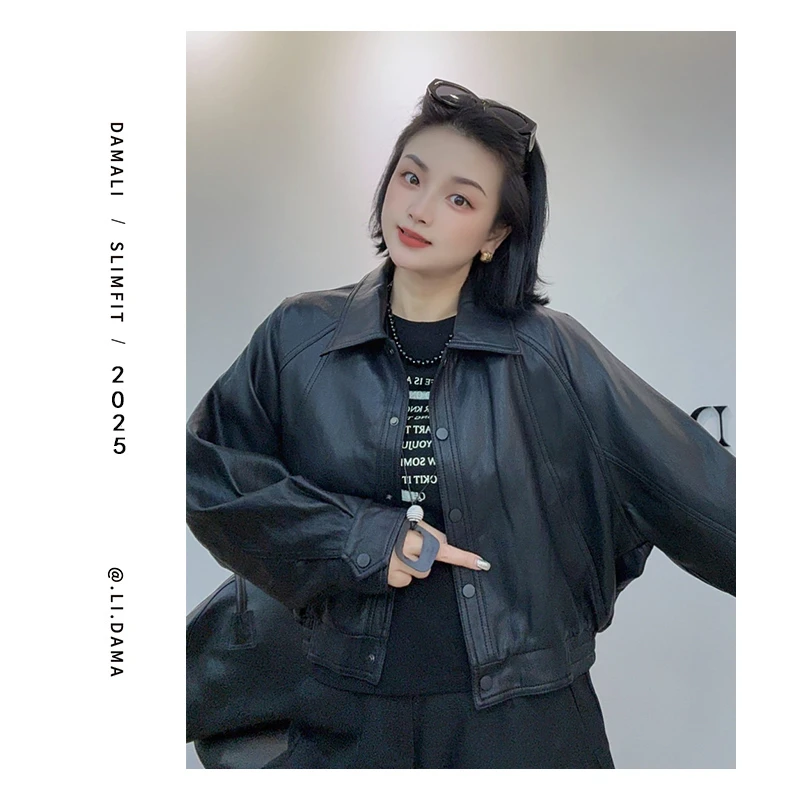 大码利-秋上新【翻领拼接短款皮衣】欧韩小众设计款皮衣外套女秋季