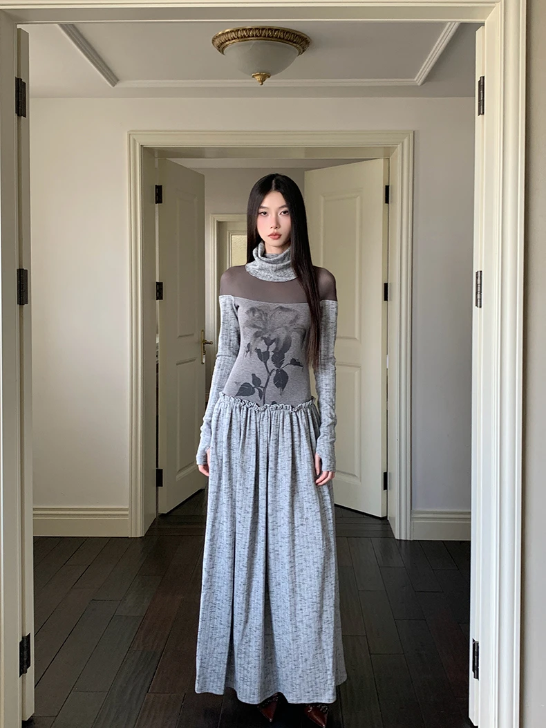 新中式印花高领拼接半透长款长袖连衣裙女秋冬修身收腰显瘦大摆裙