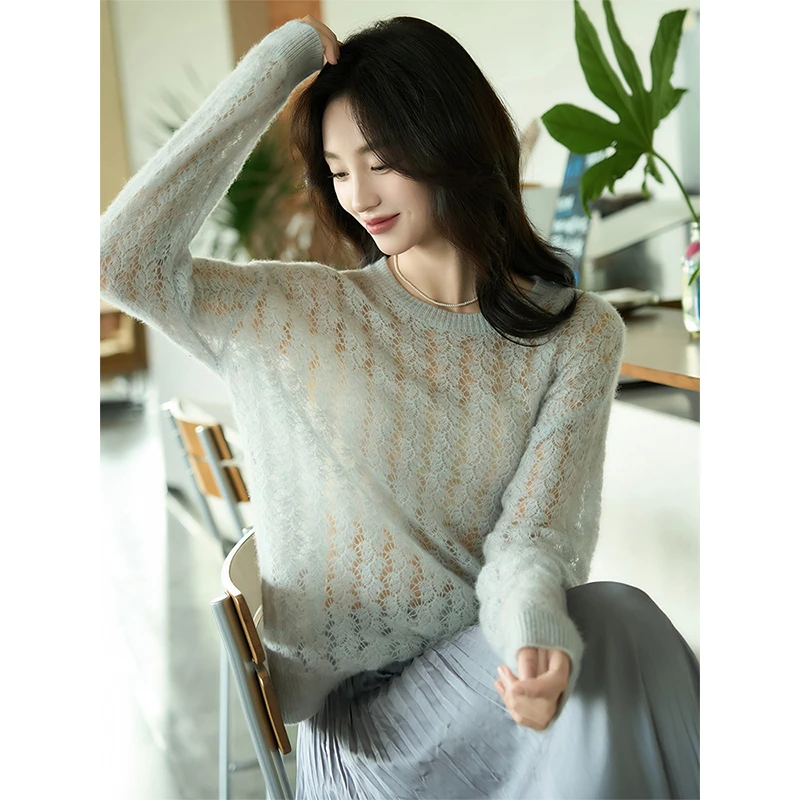 慵懒风镂空薄款100%纯羊毛打底衫女秋冬落肩袖套头羊毛衫针织毛衣