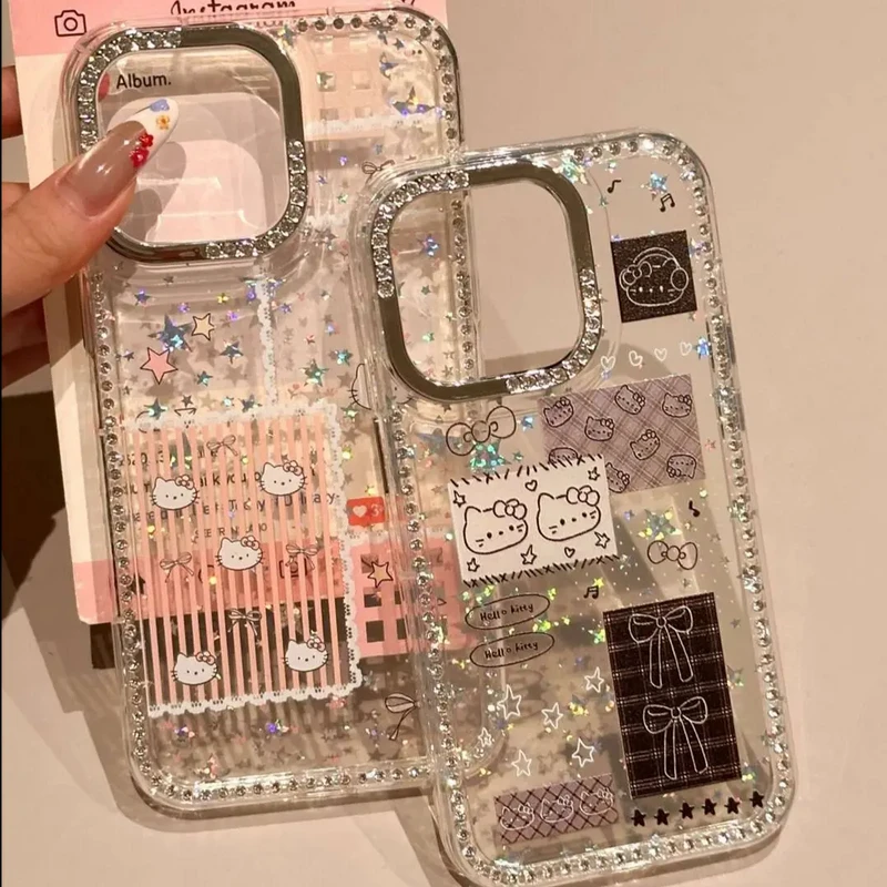 ins轻奢镶钻镭射KT猫适用苹果15Promax手机壳iPhone16Plus14女13
