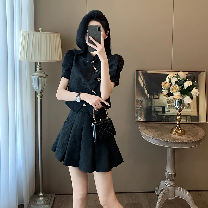 夏季气质时尚新中式国风小香风套装女小个子高级感御姐百褶两件套