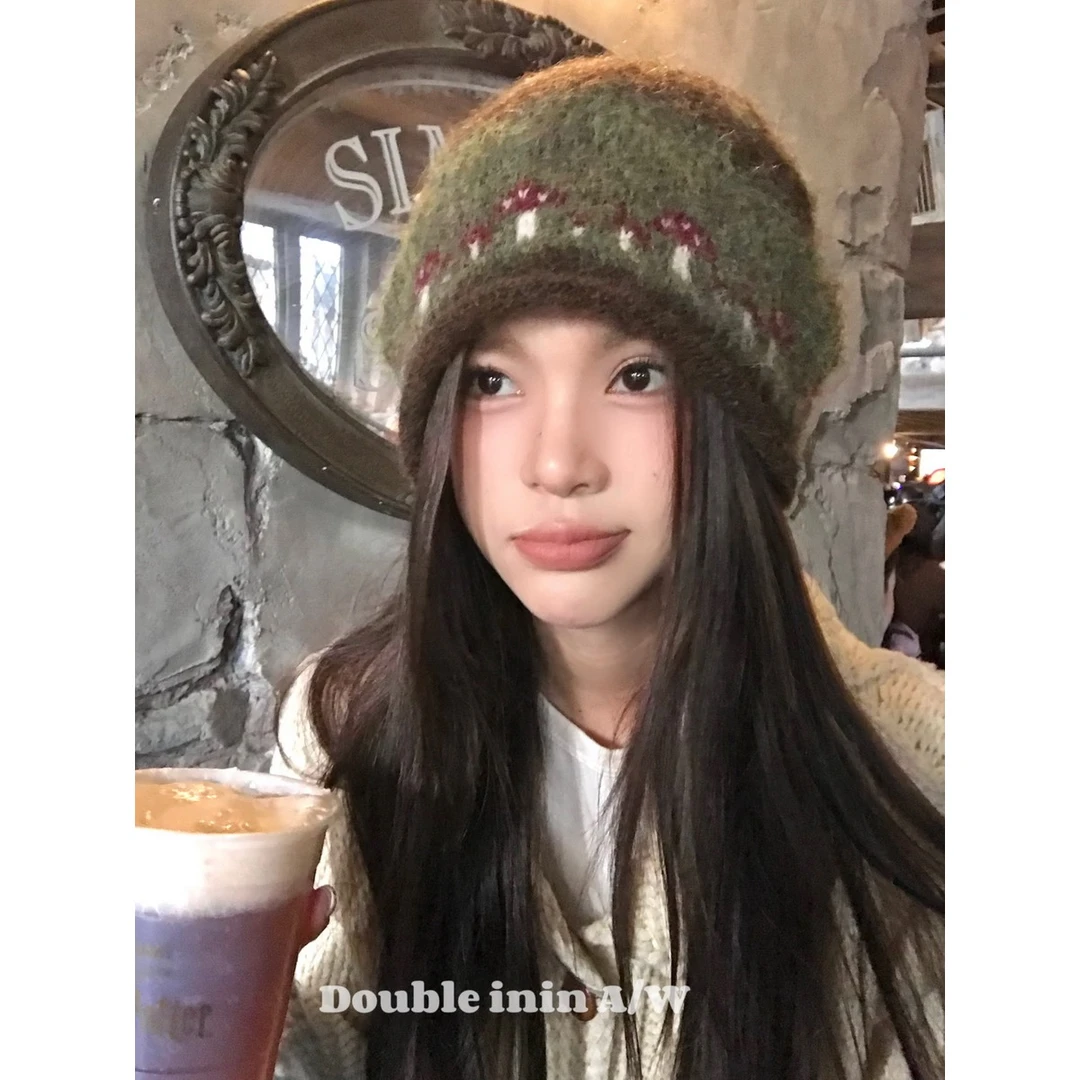 Double inin 可爱卷边针织冷帽女冬季堆堆帽包头帽