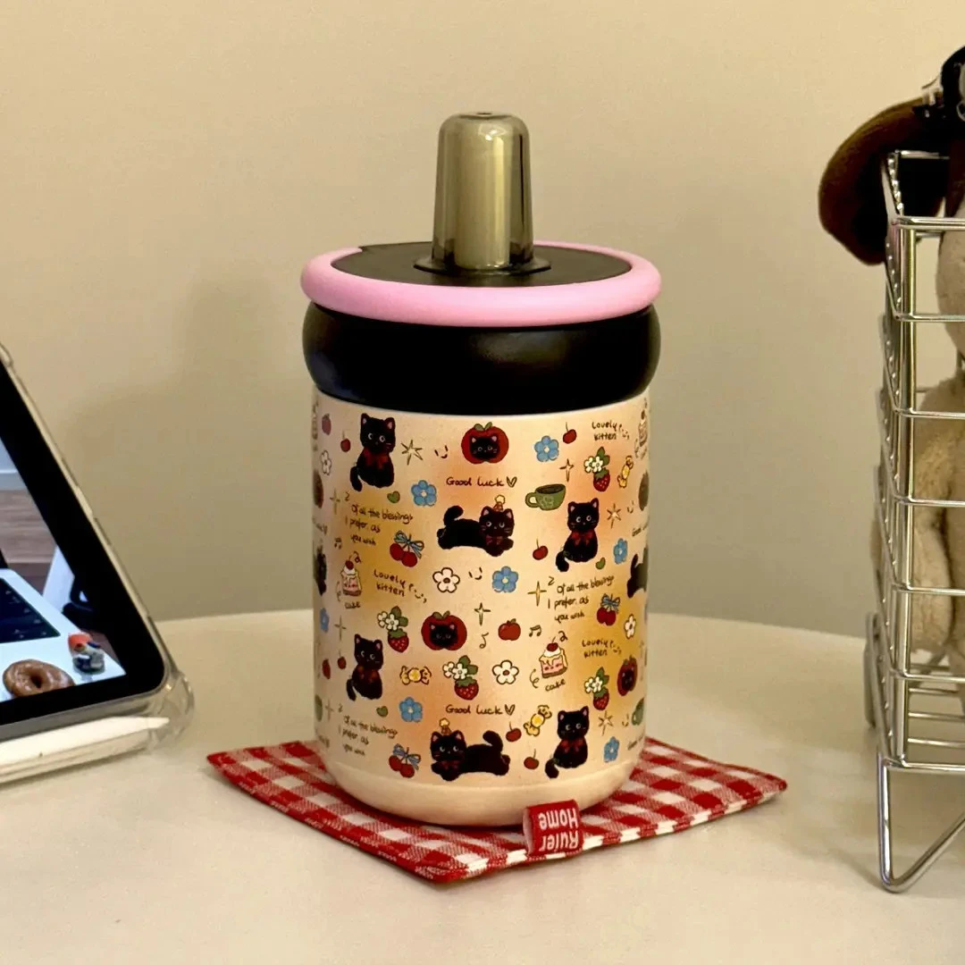 小黑猫保温杯颜值316不锈钢学生便携吸管水杯