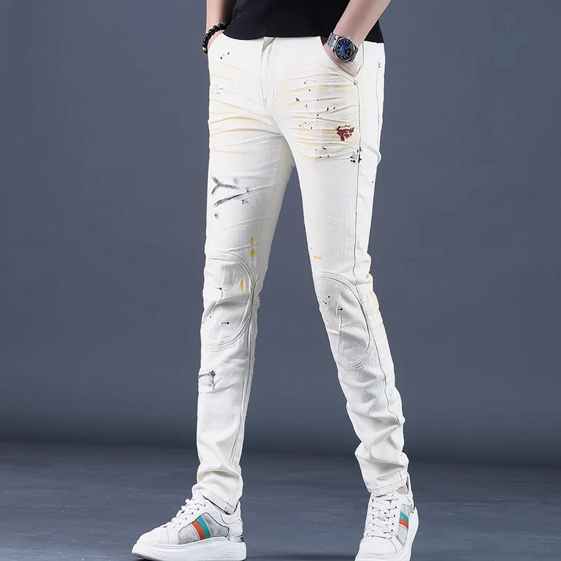 Cebrodz春秋季新款弹力机车牛仔裤男士修身小脚休闲米白色拉链裤