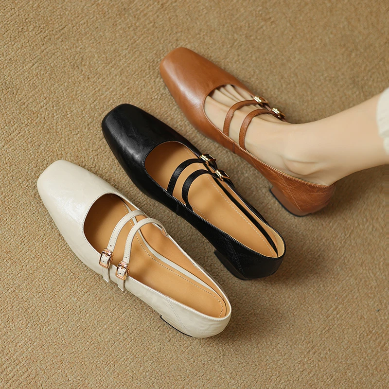 羊皮2.5cm 真皮粗跟玛丽珍鞋女一字扣带皮鞋方头法式复古温柔单鞋