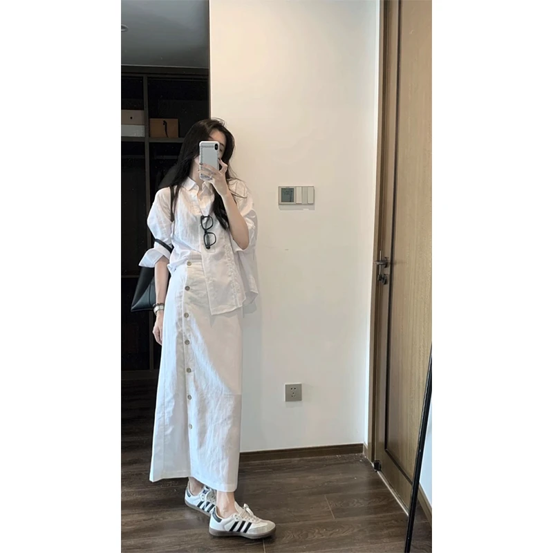 宽松法式百搭休闲白色衬衫女韩系大气轻熟风百搭单排扣A字半身裙
