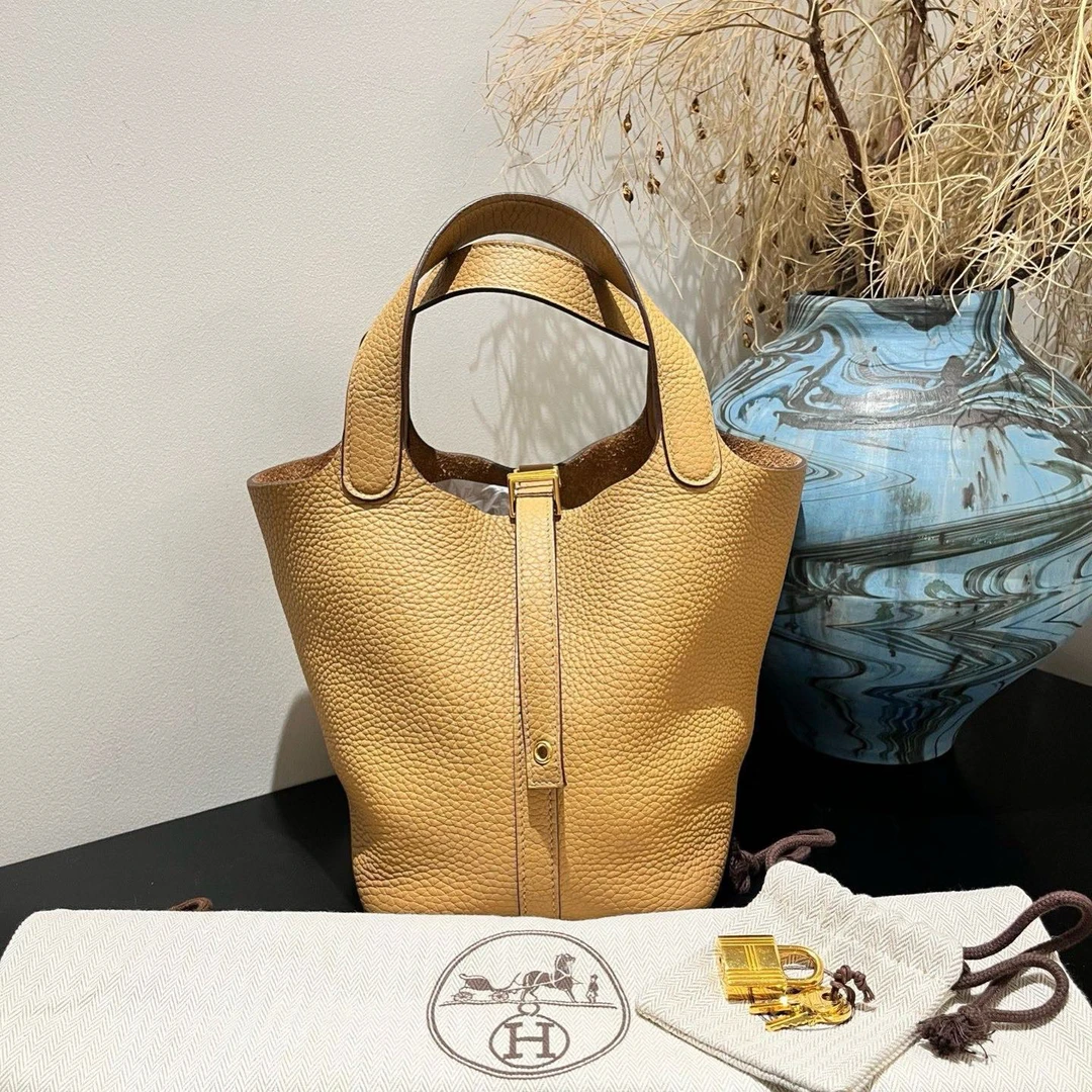 95新 Hermes/爱马仕 菜篮子18饼干色B刻简约纯色时尚手提包