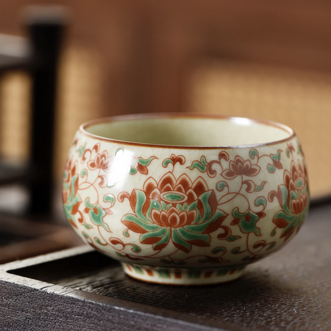 缠枝莲小罗汉杯客杯茶杯陶瓷汝窑65毫升