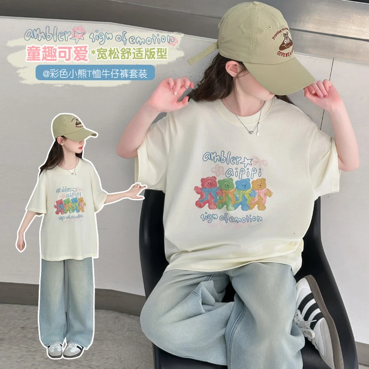 四只小熊短袖牛仔套装女童2025夏季新款韩版中大童
