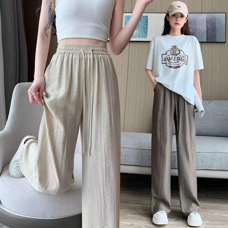 【莱赛尔+亚麻】褶皱冰丝阔腿裤夏季薄款高腰垂感休闲直筒裤女
