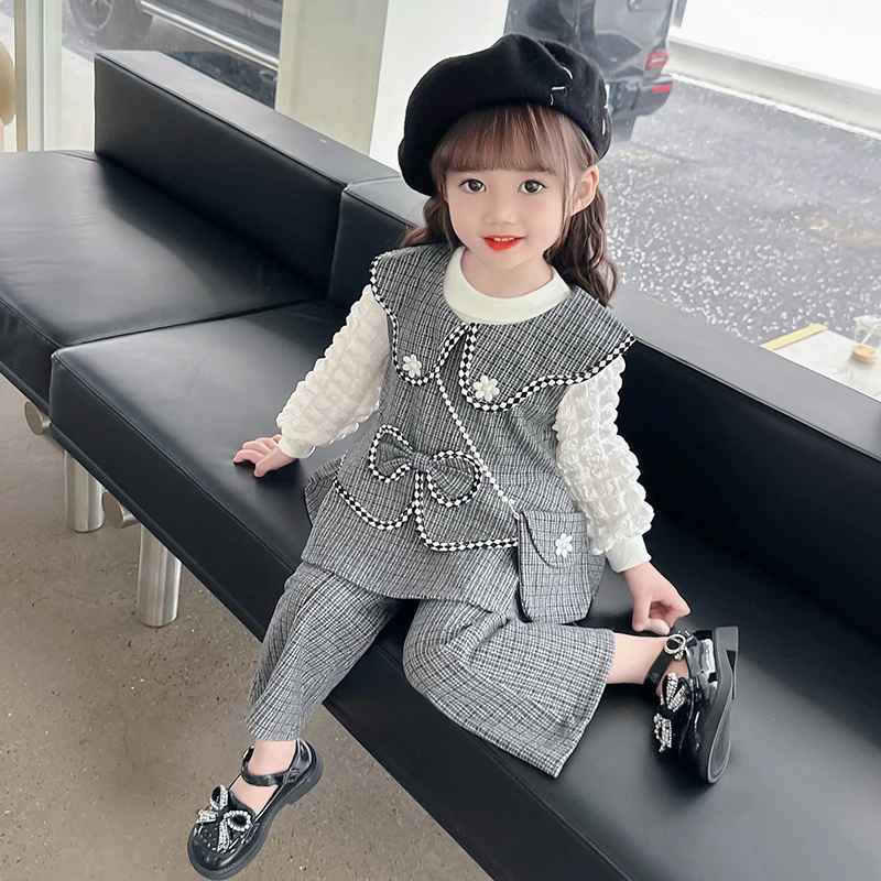 儿童秋冬时髦时尚套头套装千金风女女童小童春秋格子常规小香风女