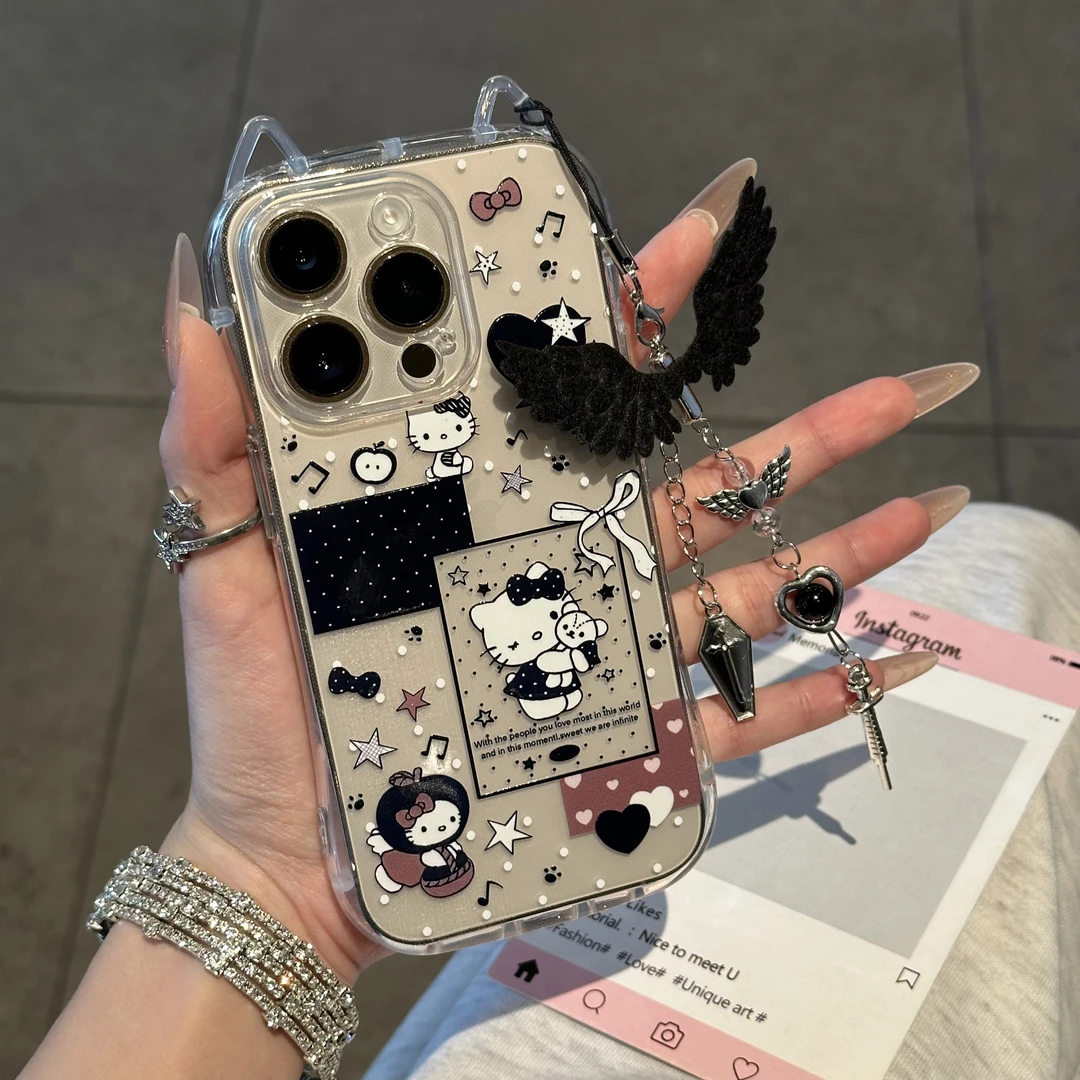 夕与空黑色系KT翅膀挂链适用苹果16promax手机壳14/15猫耳朵13/12