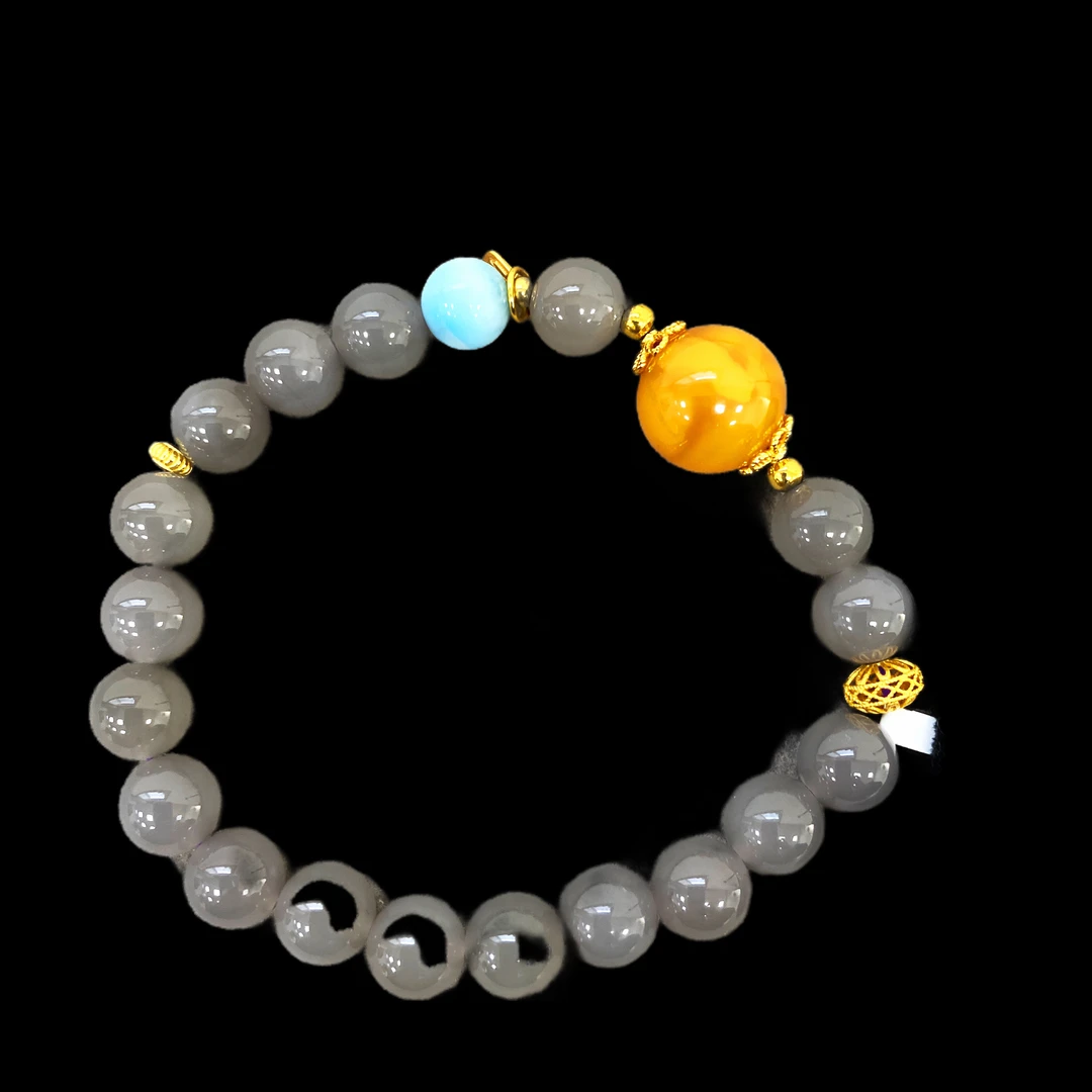 4123-和田玉+海纹石+蜜蜡手串孤品