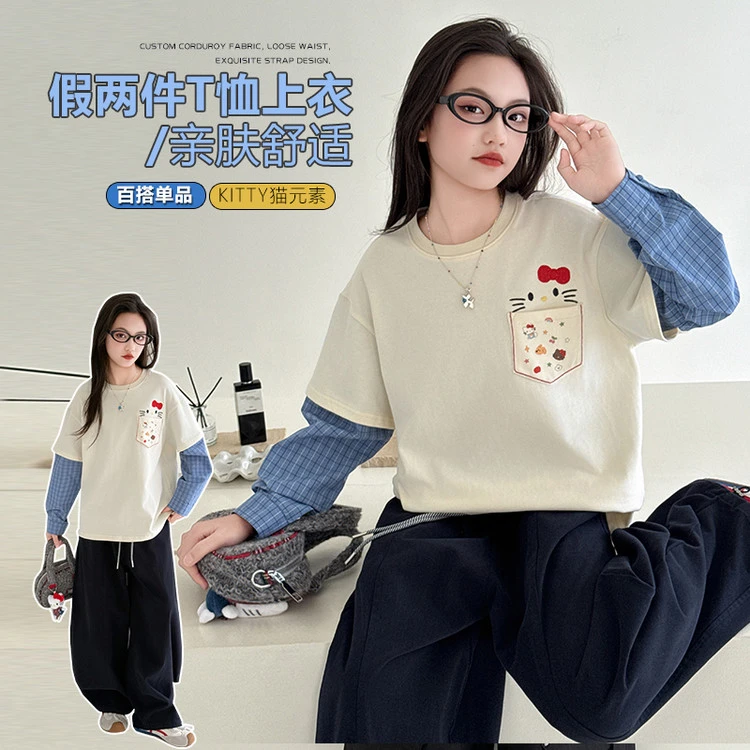 女童2025新款女大童秋季洋气百搭假两件卫衣女孩秋装时尚运动上衣