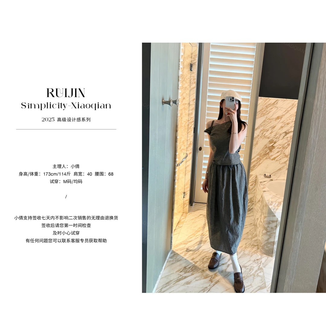 【121RUIJIN】格子套装设计感斜肩短袖不对称上衣格子松紧腰