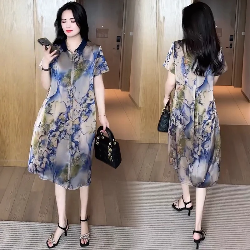 时尚连衣裙女2025夏季新款洋气大码宽松显瘦中长款印花衬衣领裙子