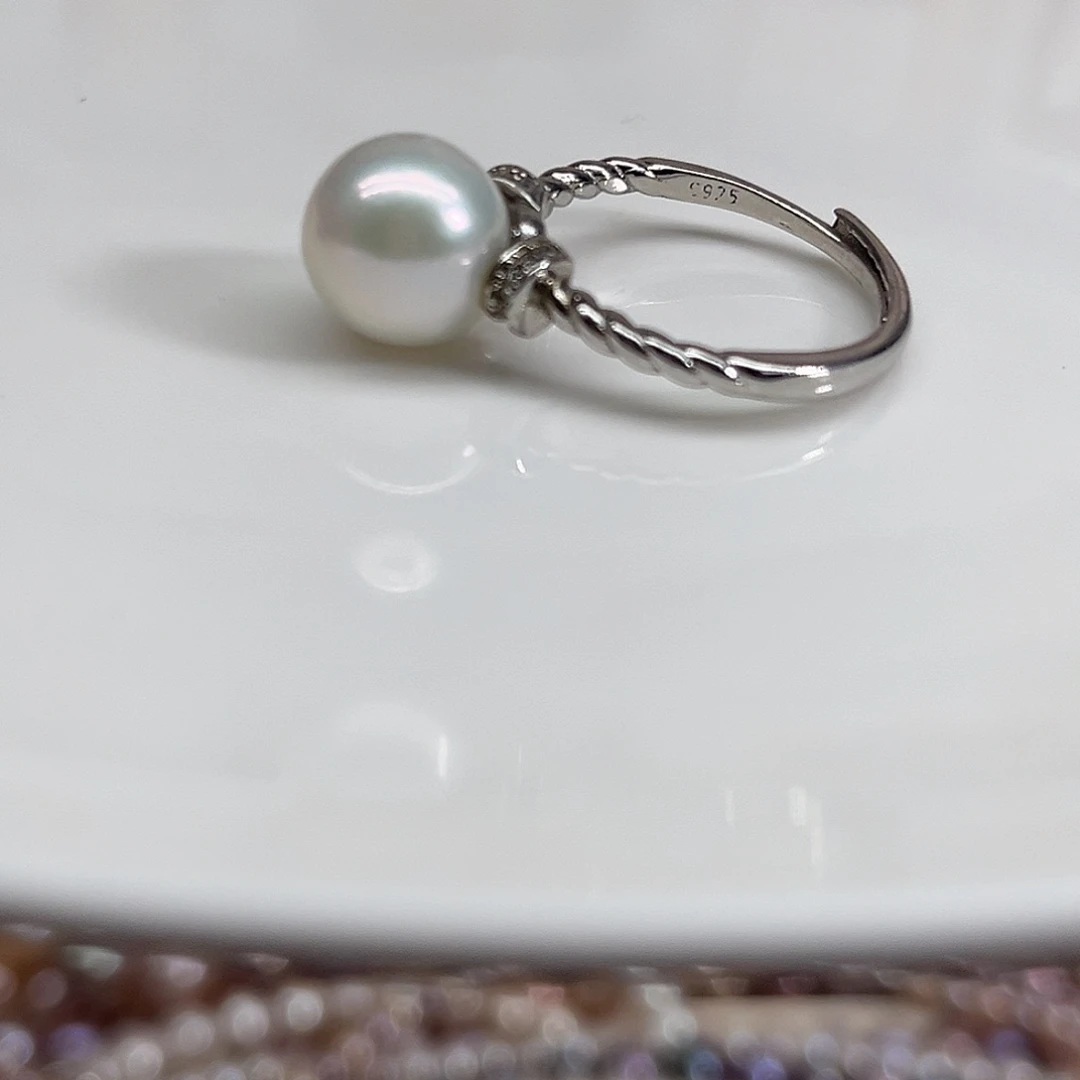 银S925镶嵌戒指淡水珍珠10毫米