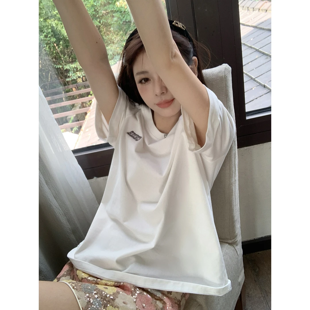 我是你的cc阿 少年游~字母绣花内搭上衣秋宽松显瘦白色短袖t恤女