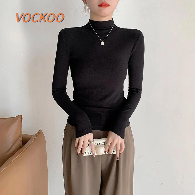 VOCKOO半高领打底衫T恤女2025新款早秋冬纯色内搭简约修身显瘦长